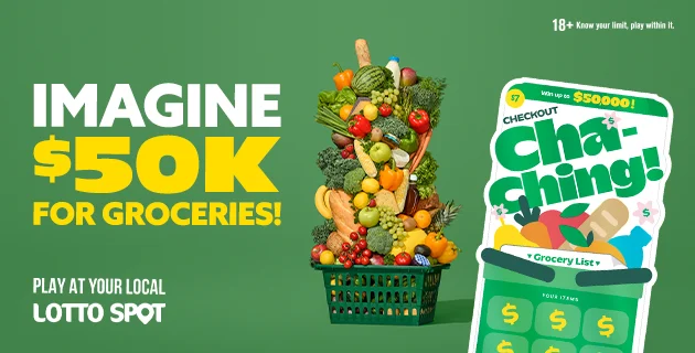 Graphic with a grocery basket full of fruit and vegetables advertising the $7 Checkout Cha-ching Scratch and Win ticket with the text "Imagine fifty thousand dollars for groceries. Play at your local Lotto Spot."