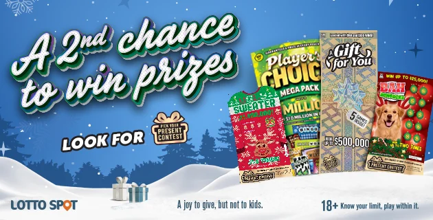 A graphic advertising A second chance to win prizes. Look for pick your present contest. A joy to give, but not to kids. 18 plus know your limit, play within it.