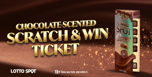 Image of chocolate scented scratch and win ticket. 18 plus know your limit, play within it.